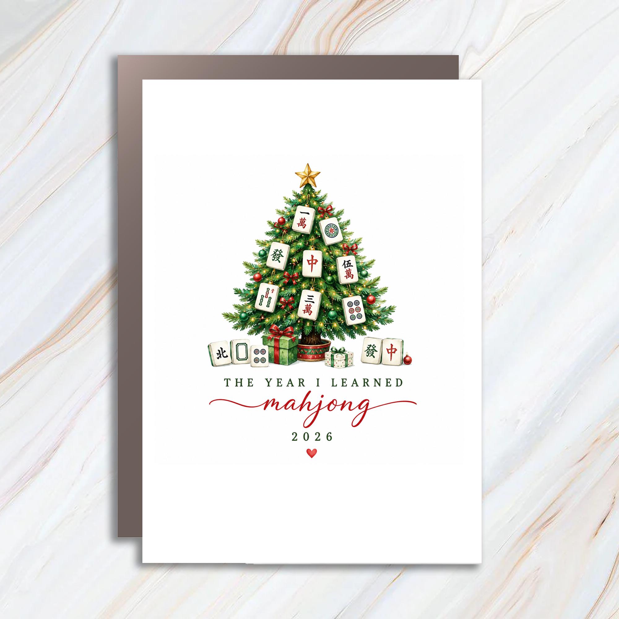 The Year I Learned Mahjong 2026 Christmas Card Mahjong Lover Holiday Greeting Card Festive Tree For Game Enthusiasts C1145