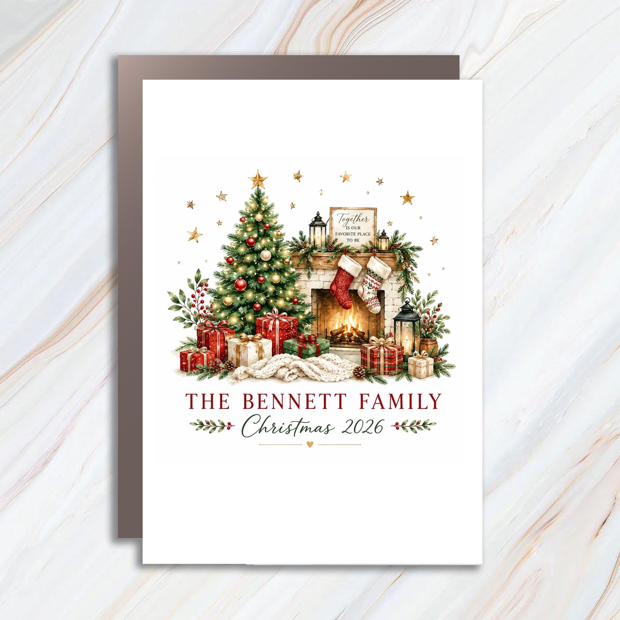 Custom Family Christmas 2026 Personalized Christmas Card Family Holiday Greeting Festive Fireplace Tree C1148