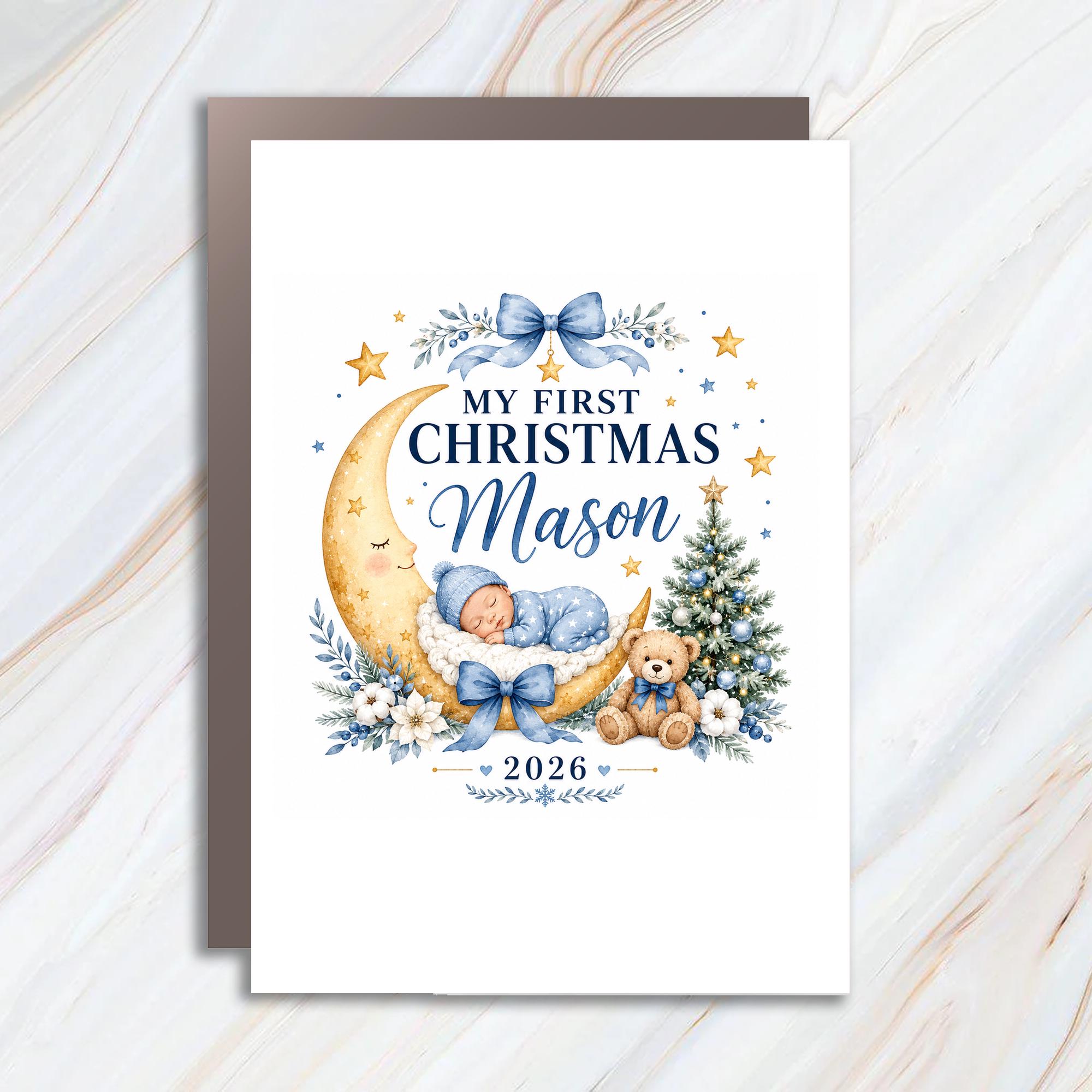 My First Christmas 2026 Baby's First Christmas Card Personalized Holiday Card Newborn Keepsake Cute Moon C1149