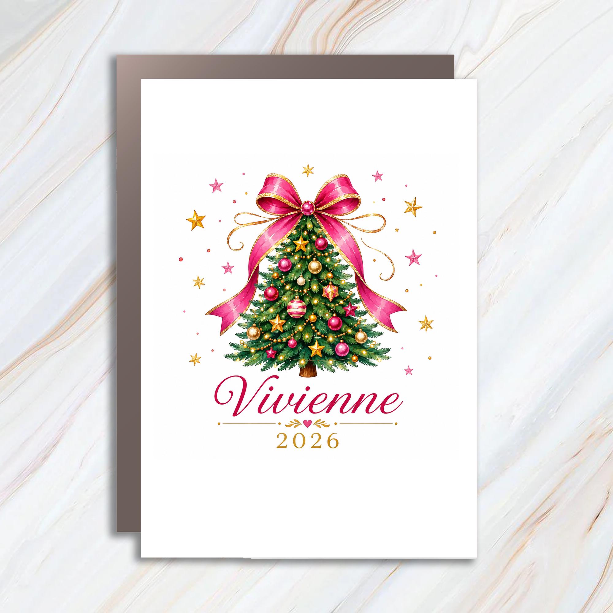 2026 Personalized Christmas Card Festive Holiday Greeting Card Custom Name Xmas Tree Pink Ribbon Ornament C1143