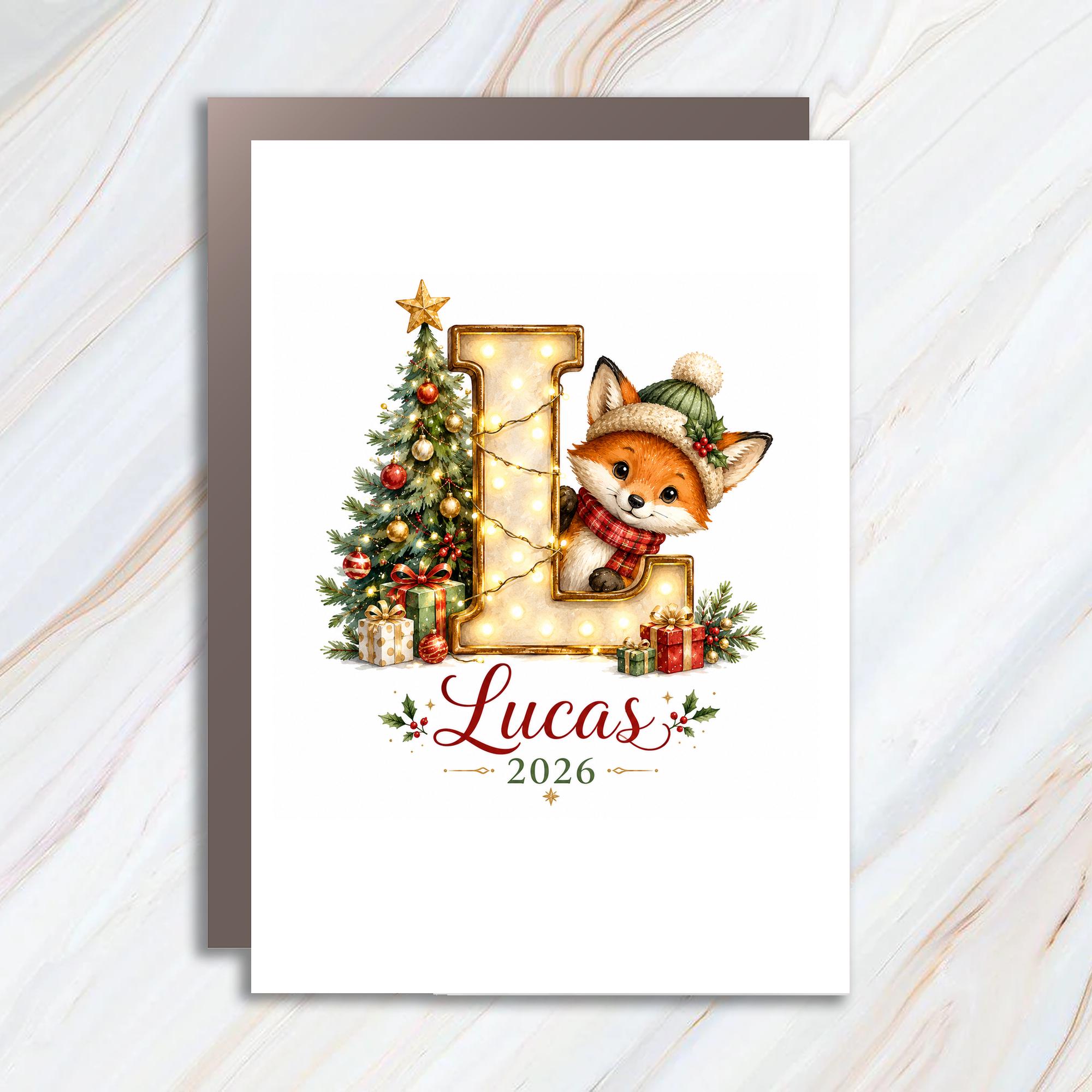 2026 Personalized Christmas Card Cute Fox Holiday Greeting Card For Kids Festive Tree Lights Gifts C1159