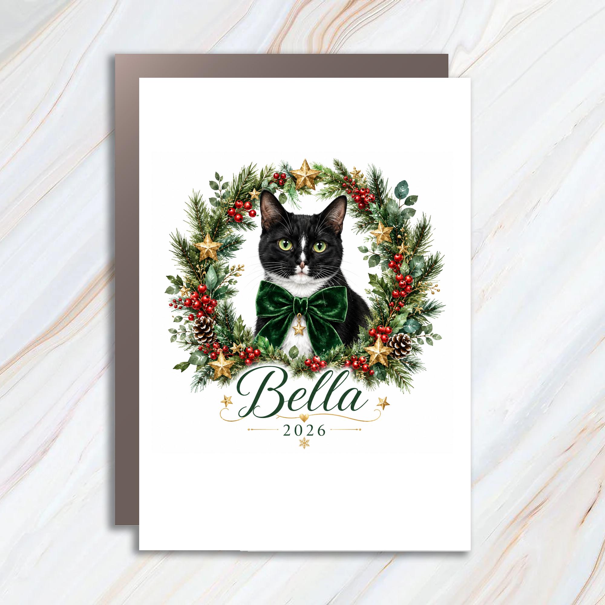 2026 Christmas Card Personalized Cat Holiday Greeting Card Festive Wreath For Cat Lovers Cute Xmas Card C1150