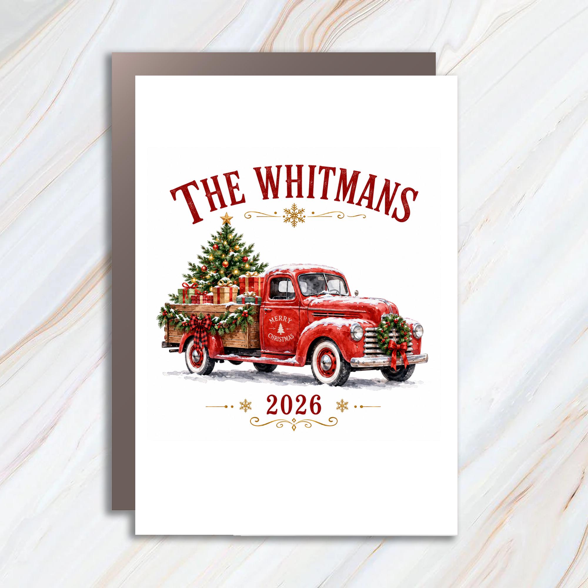 Merry Christmas 2026 Personalized Christmas Card Vintage Red Truck Holiday Greeting Card Family Name C1153