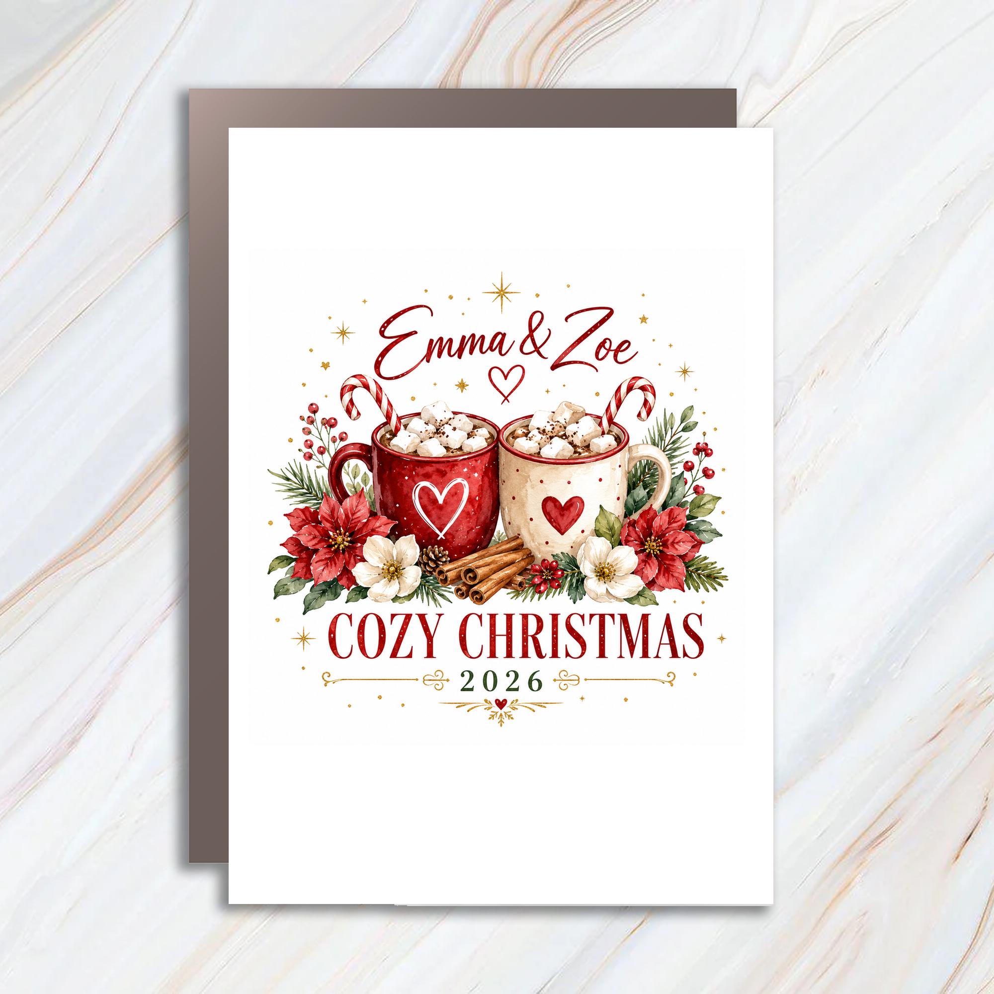 Cozy Christmas 2026 Personalized Christmas Card Holiday Greeting Card Festive Mugs Candy Canes Poinsettias C1154