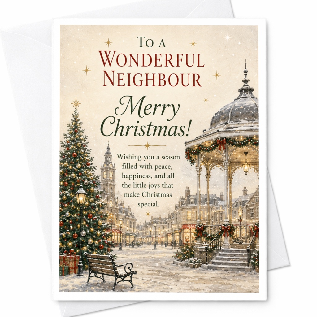 To A Wonderful Neighbour Merry Christmas! Festive Christmas Card For Neighbor Holiday Greeting Card Winter Scene With Tree C5211