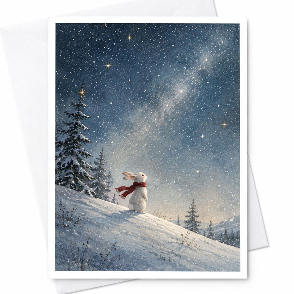 Christmas Rabbit In Snowy Landscape Greeting Card Starry Sky Winter Wonderland Holiday Card For Family And Friends C5212