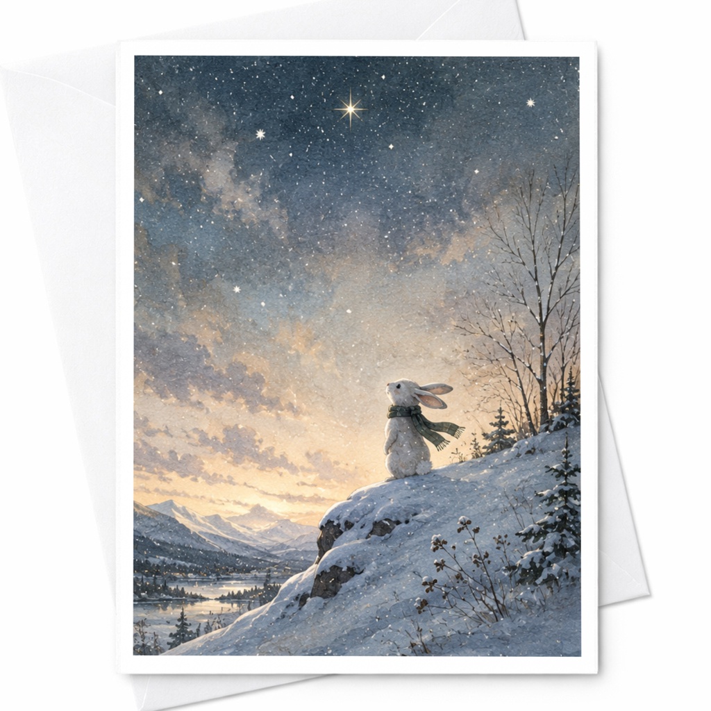 Rabbit In Snowy Landscape Christmas Card Starry Sky Winter Scene Greeting Card For Family And Friends Holiday Wishes C5213