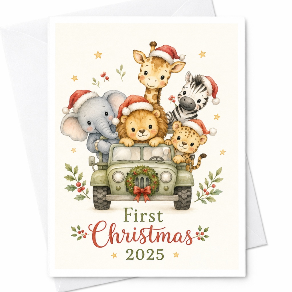 First Christmas 2025 Cute Animal Christmas Card Baby's First Christmas Greeting Card Adorable Safari Animals Holiday Card C5215
