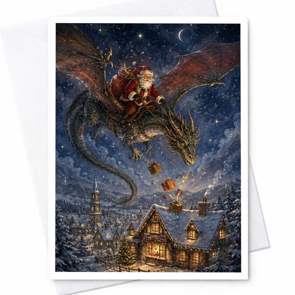 Santa On Dragon Christmas Card Fantasy Holiday Greeting Card For Fantasy Enthusiasts Unique Festive Card For Friends Family C5217