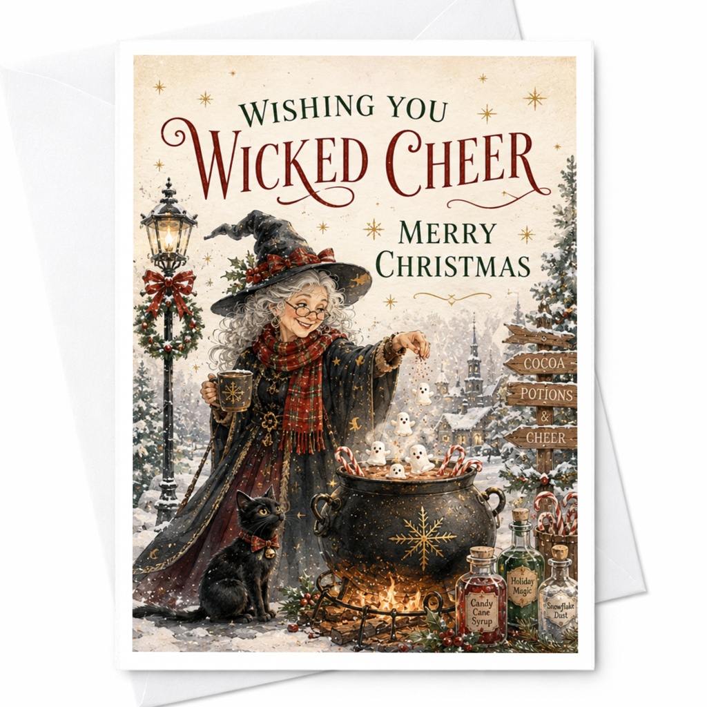 Wishing You Wicked Cheer Merry Christmas Card Funny Witch Holiday Greeting Card For Friend Cute Cat Illustration Festive C5219