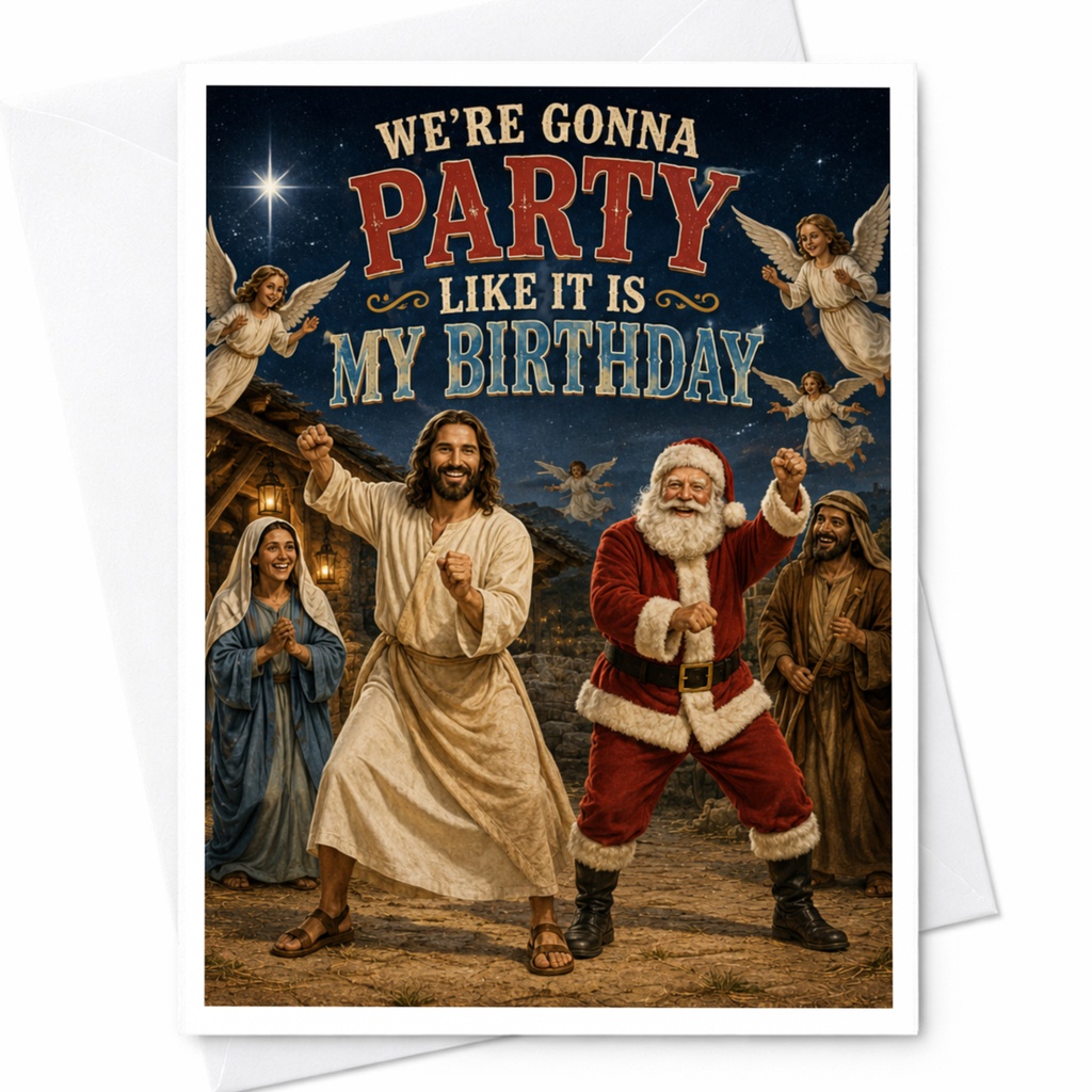 We're Gonna Party Like It Is My Birthday Funny Christmas Card Santa Jesus Celebration Holiday Greeting Card C5224