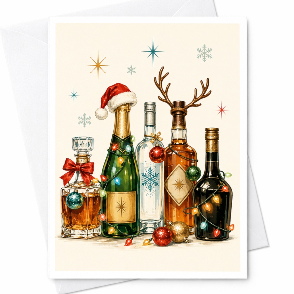 Festive Liquor Bottles Christmas Greeting Card Holiday Spirits Card Funny Alcohol Card For Friends Party Celebration C5229