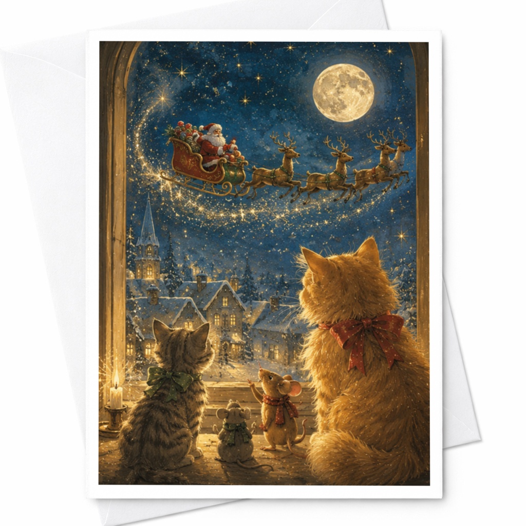 Christmas Card Cats And Mice Watching Santa's Sleigh Cute Animal Holiday Greeting Card For Cat Lover Festive Winter Scene C5234