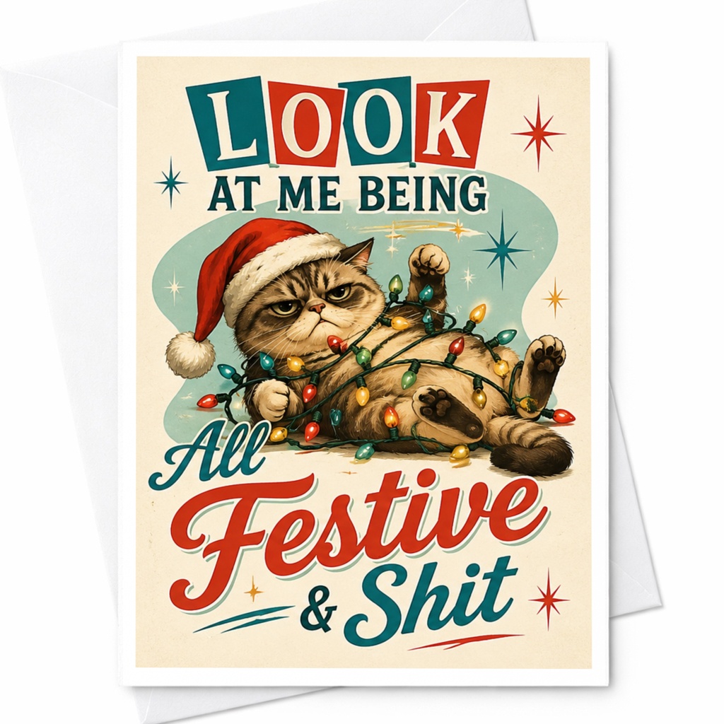 Look At Me Being All Festive & Shit Funny Christmas Card Cat With Lights Holiday For Cat Lovers Cute Xmas Card C5238
