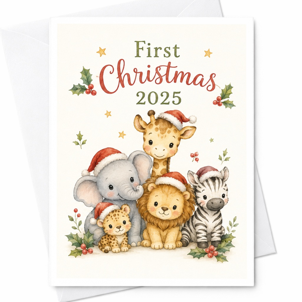 First Christmas 2025 Cute Animal Greeting Card Baby's First Christmas Card Adorable Holiday Card For Kids Festive Santa Hat C5214