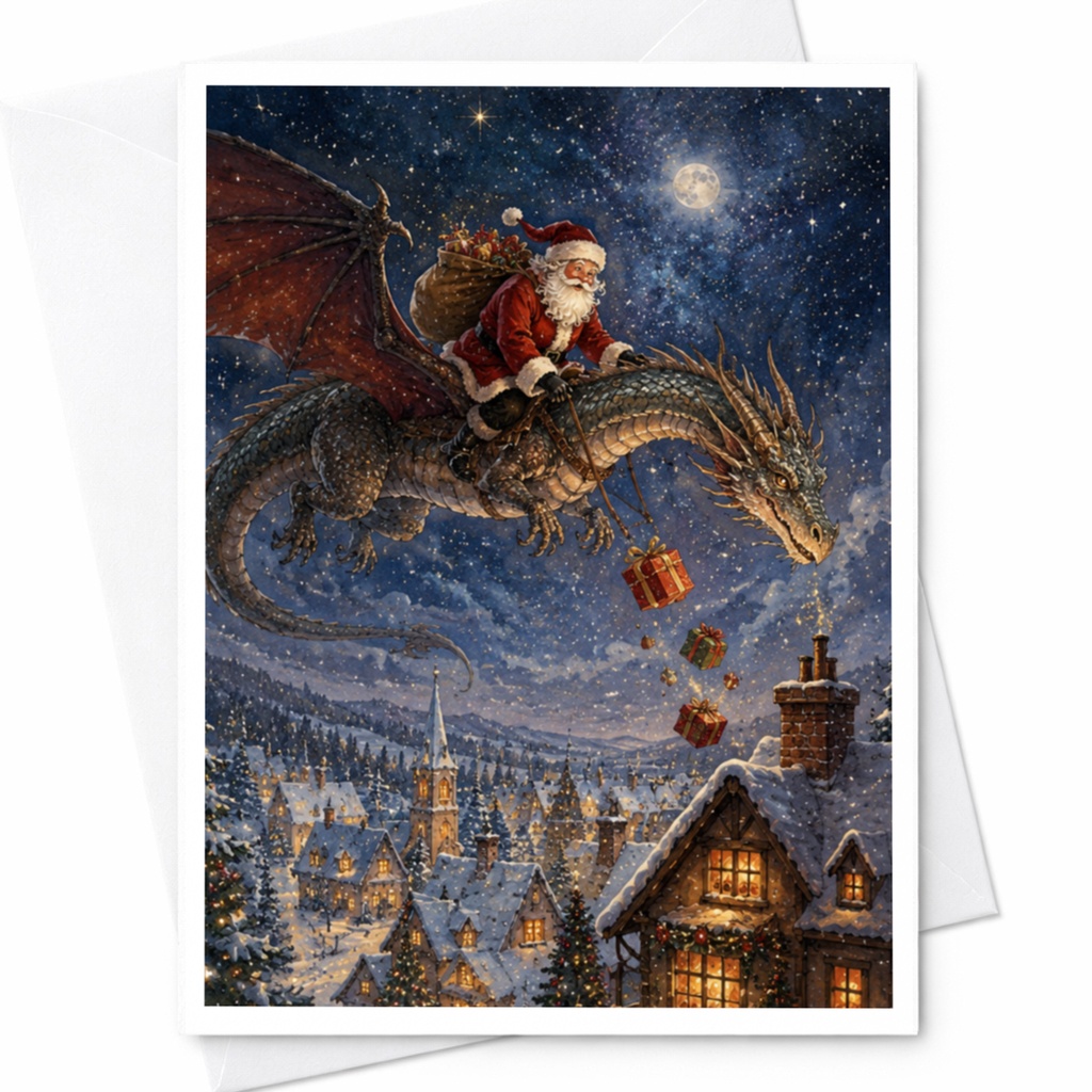 Santa On Dragon Christmas Card Fantasy Holiday Greeting Card For Fantasy Lovers Unique Festive Card For Friends Family C5216