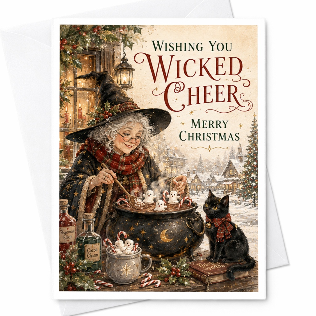 Wishing You Wicked Cheer Merry Christmas Card Witch With Cauldron Cat Holiday Greeting Card For Friend Funny Boho Style C5218