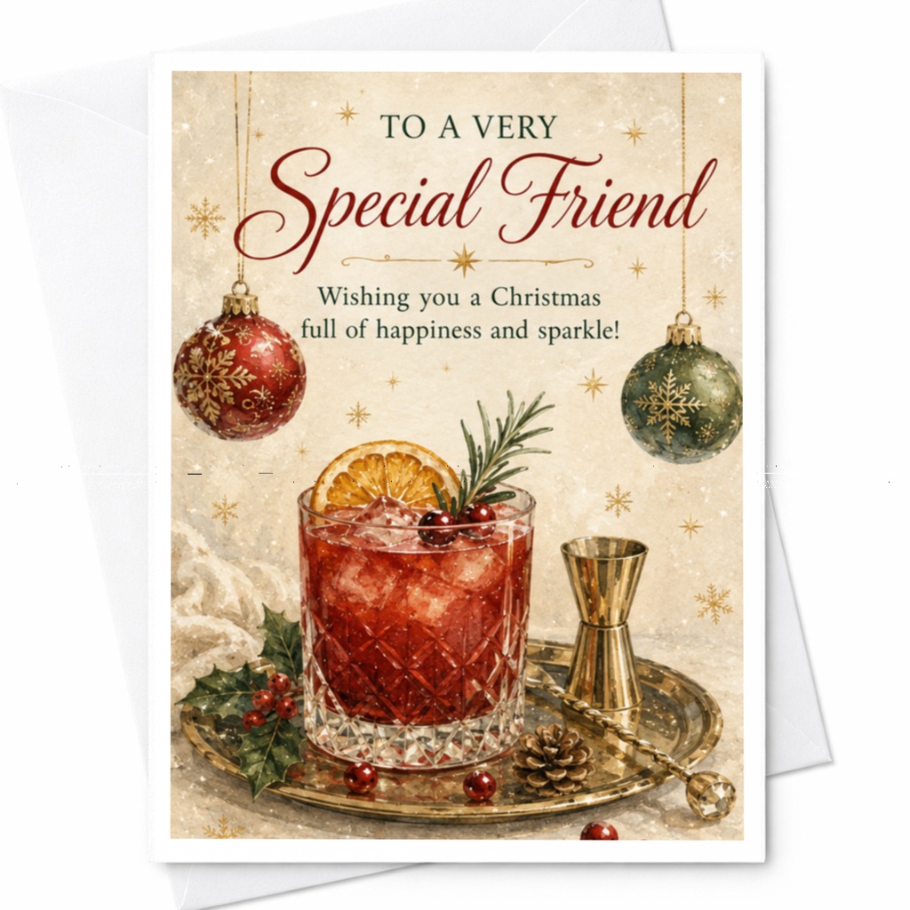 To A Very Special Friend Christmas Card Festive Holiday Greeting For Friend With Ornaments Cheerful Seasonal Wishes C5221