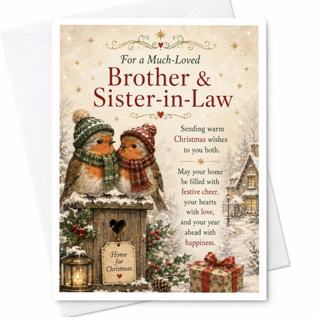 For A Much-Loved Brother & Sister-In-Law Christmas Card Festive Holiday Greeting Cute Birds Winter Scene Family C5245