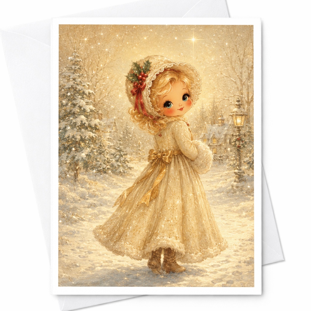 Vintage Christmas Girl Card Retro Holiday Greeting Card Cute Winter Scene For Her Christmas Card Snowy Landscape Art C5248