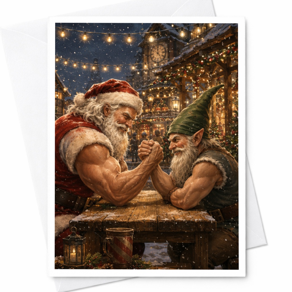 Santa And Elf Arm Wrestling Christmas Card Festive Holiday Greeting Card Funny Santa Card For Him Cute Christmas Card C5251