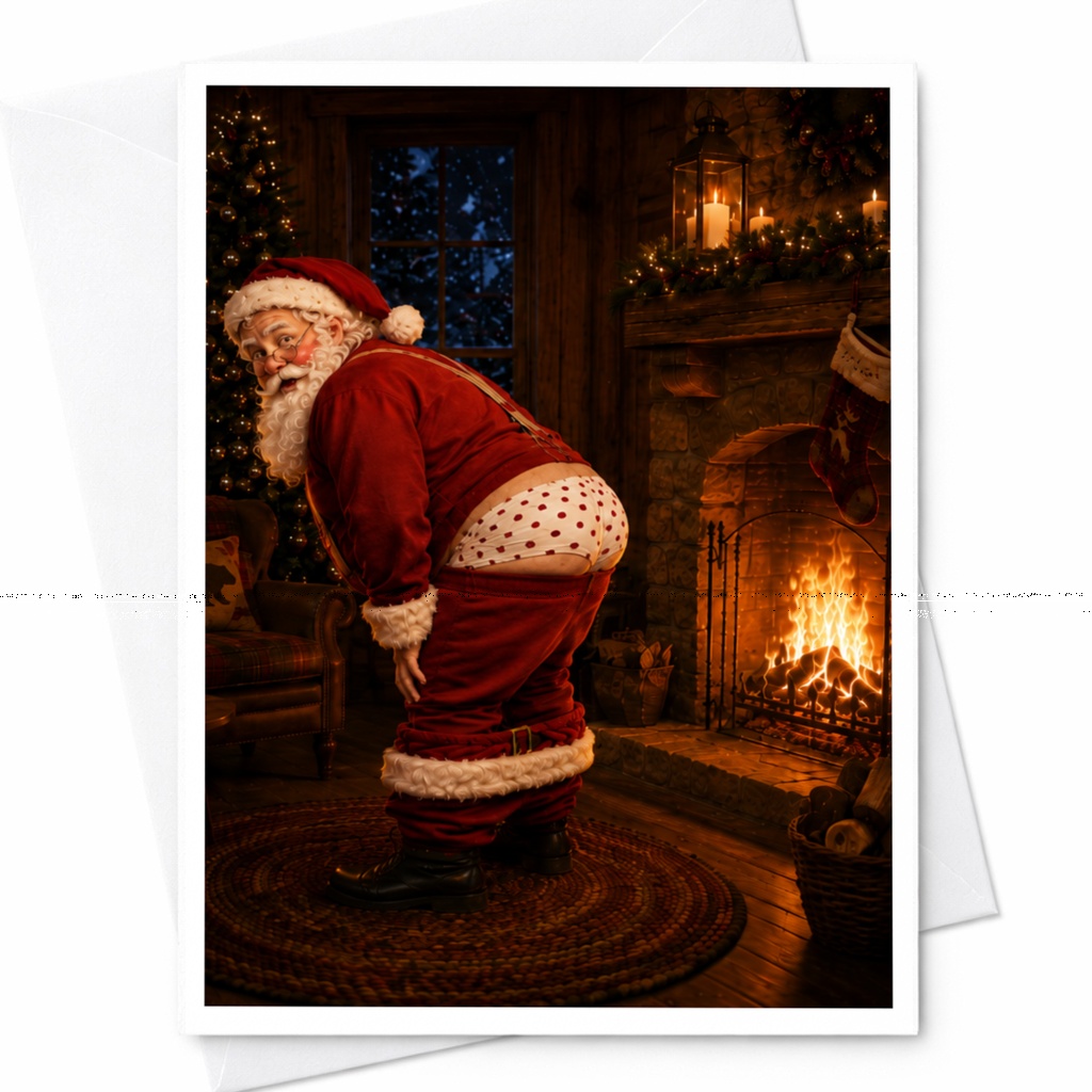 Funny Santa Christmas Card Holiday Greeting Card For Friends Family Cute Santa Claus By Fireplace Xmas Card C5261