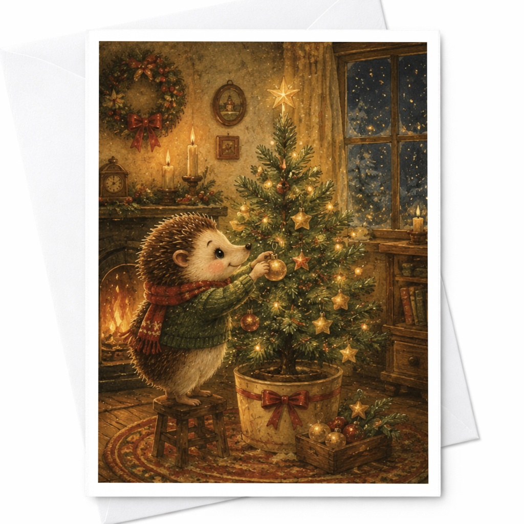 Hedgehog Decorating Christmas Tree Card Cute Animal Holiday Greeting Card Woodland Creature Christmas Card For Friends Family C5269