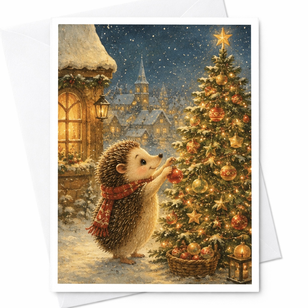 Hedgehog Decorating Christmas Tree Card Cute Animal Holiday Greeting Card For Friends Family Winter Scene Christmas Card C5270