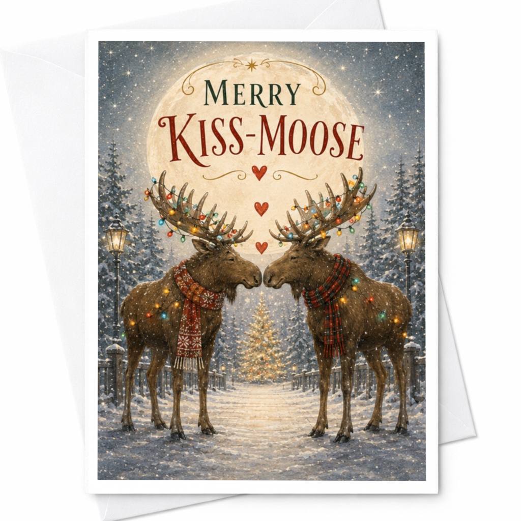 Merry Kiss-Moose Christmas Card Cute Holiday Greeting Card For Animal Lovers Funny Moose Card Winter Scene Festive Card C5271
