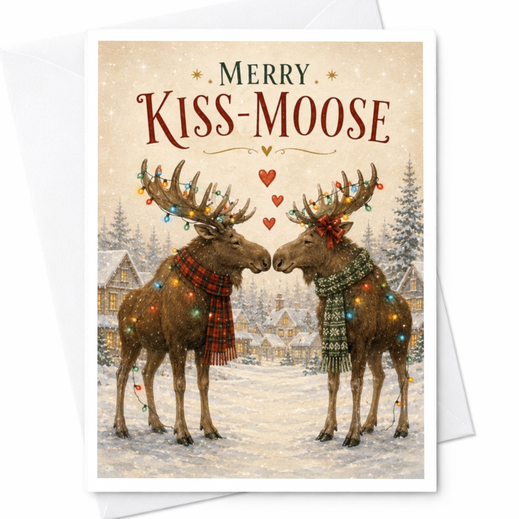 Merry Kiss-Moose Christmas Card Cute Holiday Greeting For Animal Lovers Festive Moose Winter Wonderland Scene C5272