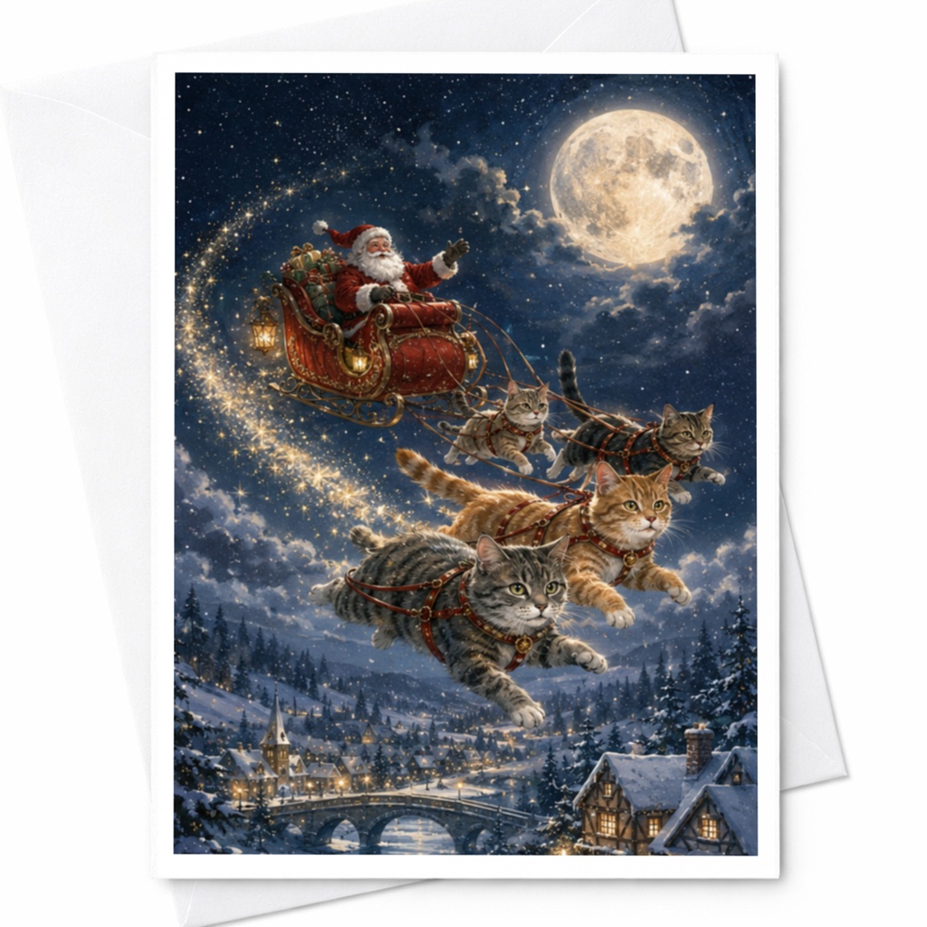 Santa Flying Cats Christmas Card Funny Holiday Greeting Card For Cat Lover Cute Festive Santa Claus Card Winter Wonderland C5273