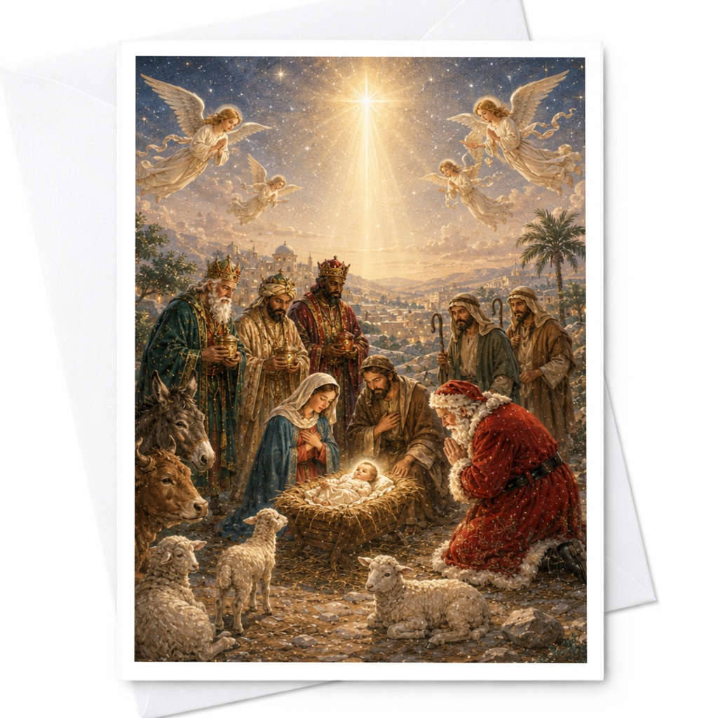 Nativity Scene With Santa Christmas Card Religious Holiday Greeting Card For Family Spiritual Christmas Card C5275