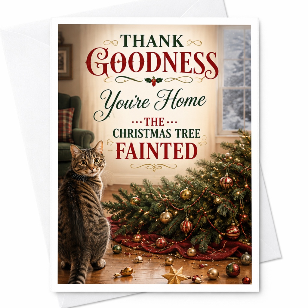 Thank Goodness You're Home The Christmas Tree Fainted Funny Christmas Card Cat Lover Holiday Cute Festive Greeting Card C5277