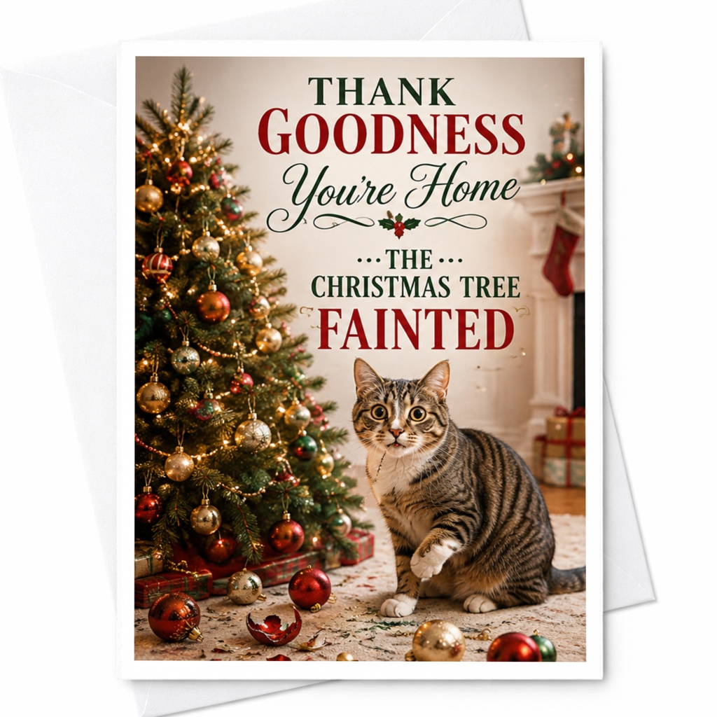 Thank Goodness You're Home The Christmas Tree Fainted Funny Christmas Card Cat Lover Holiday Greeting Card Cute Cat C5278