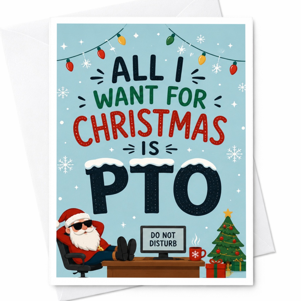 All I Want For Christmas Is Pto Funny Christmas Card Santa Relaxing Holiday Office Party Greeting Card C5279