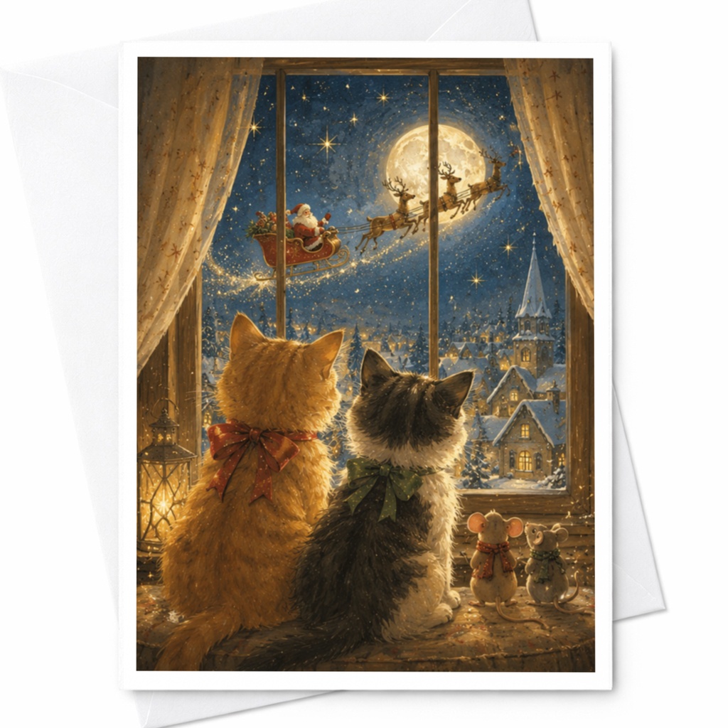 Cats Watching Santa Christmas Card Cute Animal Holiday Greeting Card For Cat Lover Festive Winter Scene Adorable Xmas Card C5235