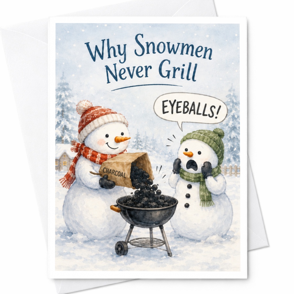 Why Snowmen Never Grill Eyeballs! Funny Christmas Card Cute Snowman Holiday Winter Greeting Card For Friends Family C5237