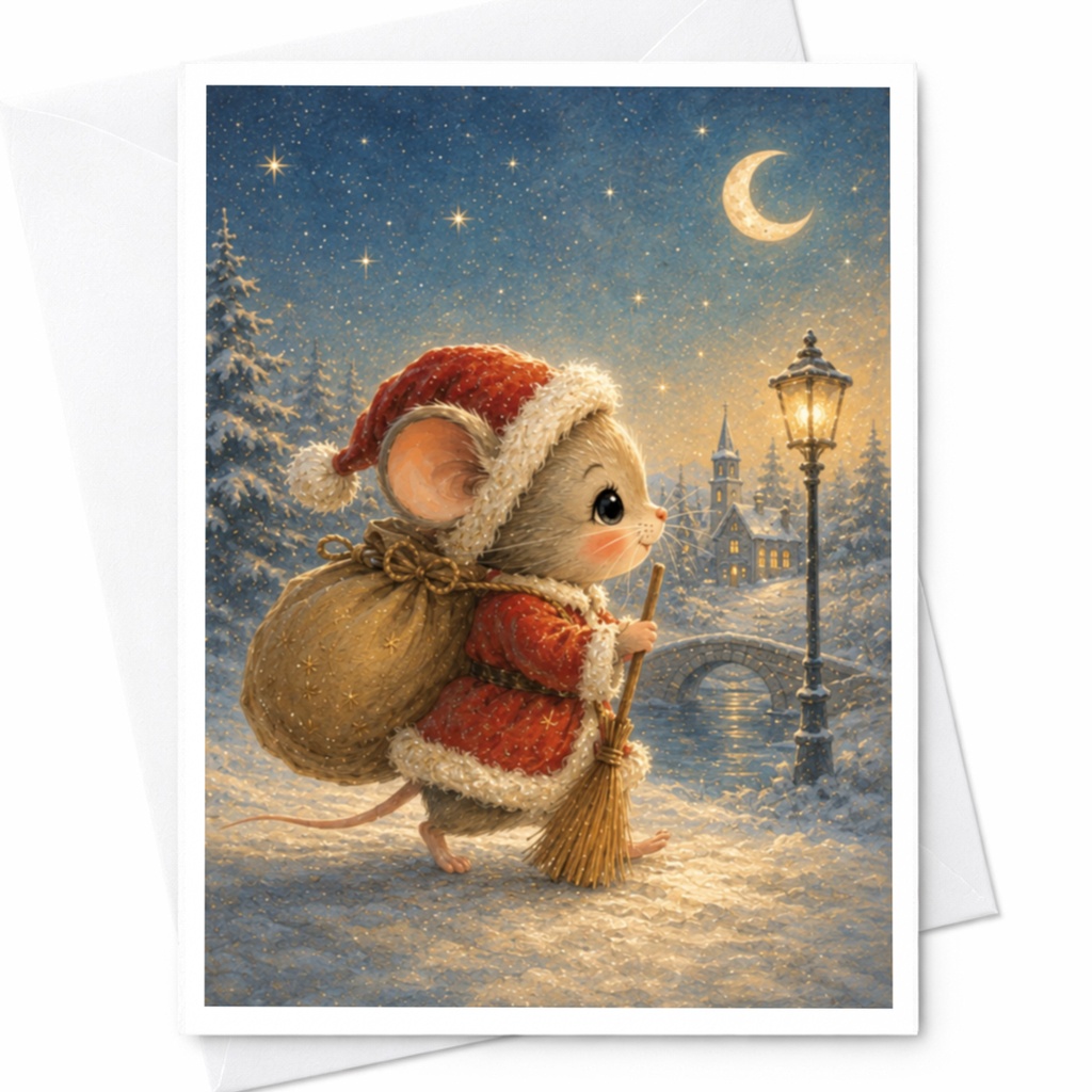 Cute Mouse In Santa Outfit Christmas Card Adorable Holiday Greeting Card For Loved Ones Winter Wonderland Scene C5283