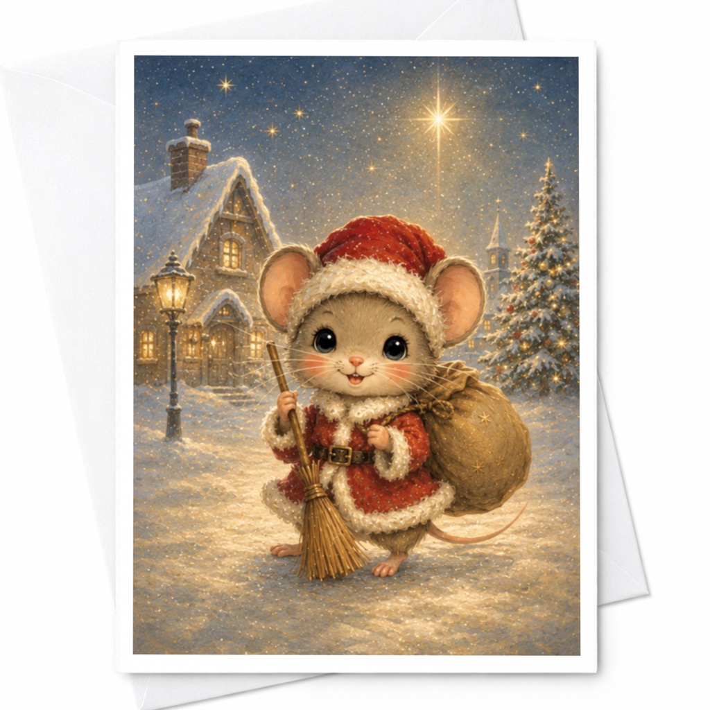 Cute Christmas Mouse Card Santa Outfit Holiday Greeting Card For Kids Family Adorable Winter Scene Festive Christmas Card C5284