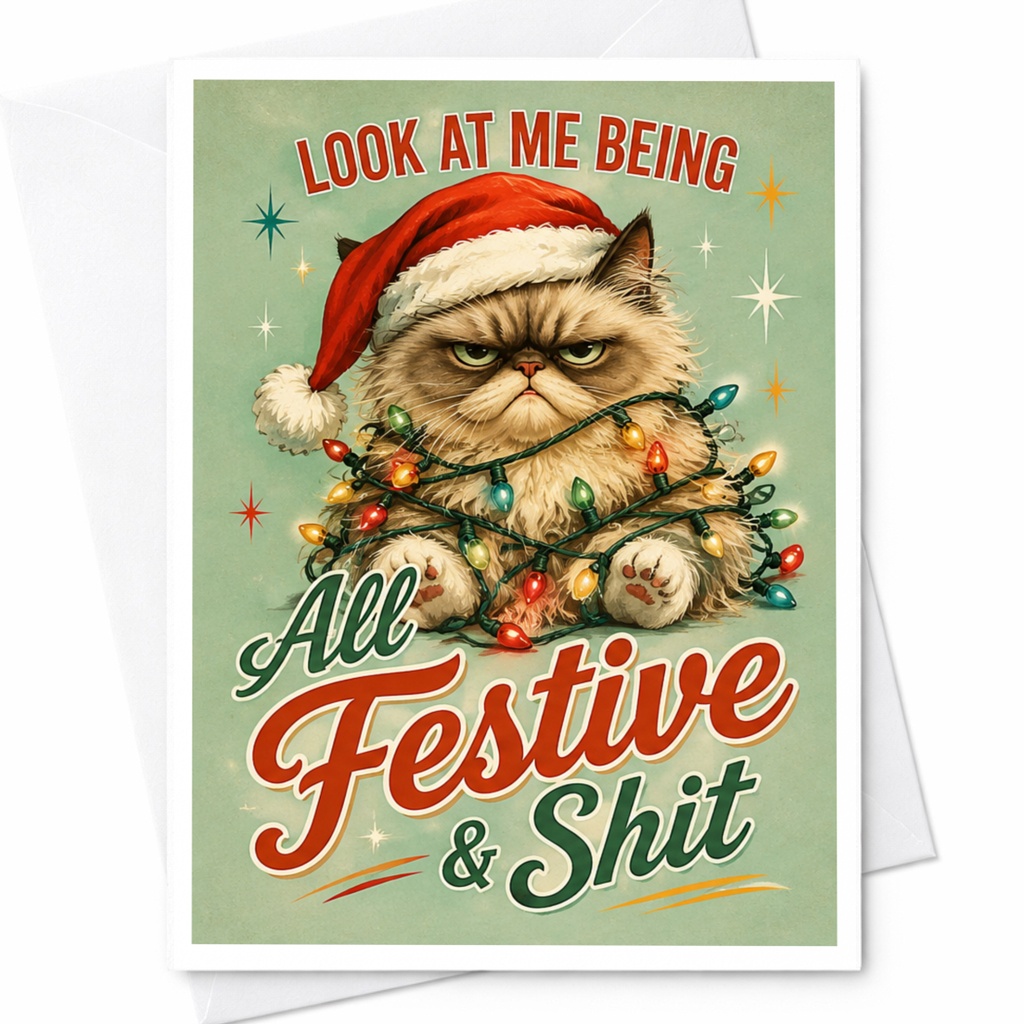 Look At Me Being All Festive & Shit Funny Christmas Card Grumpy Cat Holiday For Cat Lovers Cute Festive Greeting Card C5239