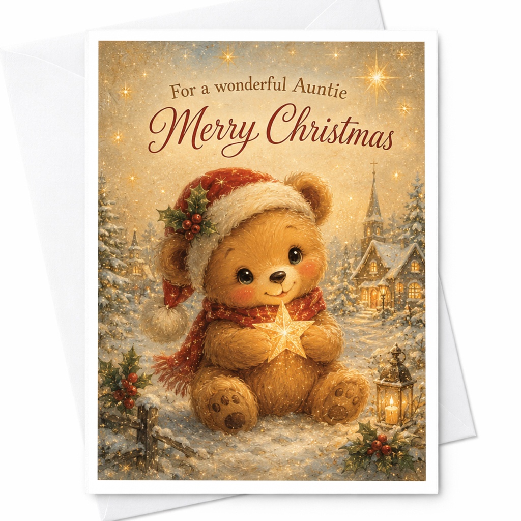 For A Wonderful Auntie Merry Christmas Card Cute Teddy Bear Holiday Greeting Card From Niece Nephew Family Xmas Wishes C5241