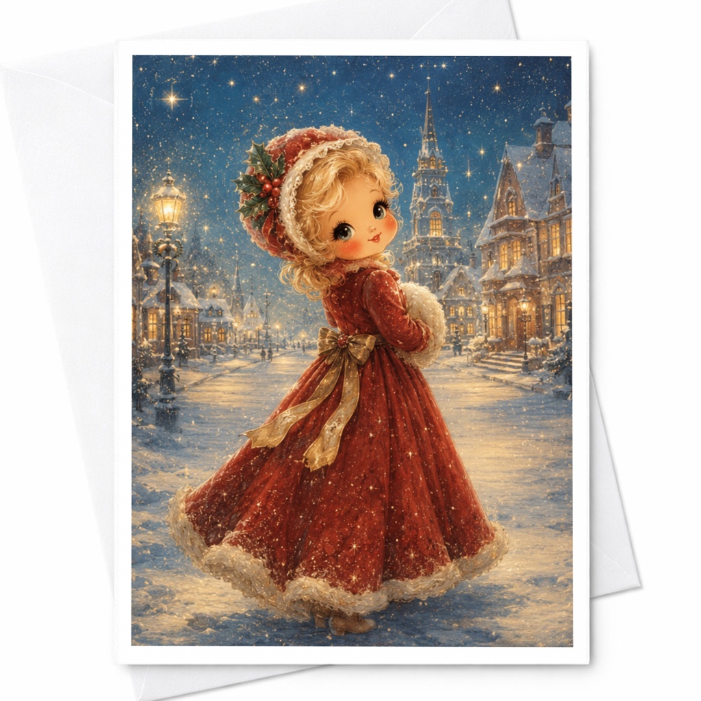 Retro Christmas Girl Greeting Card Vintage Holiday Card Cute Winter Scene Christmas Card For Her Festive Holiday Card C5247