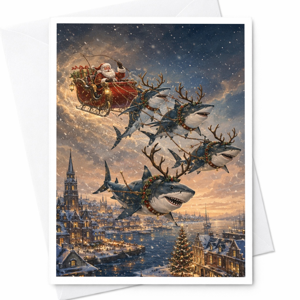 Funny Santa Shark Sleigh Christmas Card Unique Holiday Greeting Card For Family Friends Xmas Card With Envelope C5249
