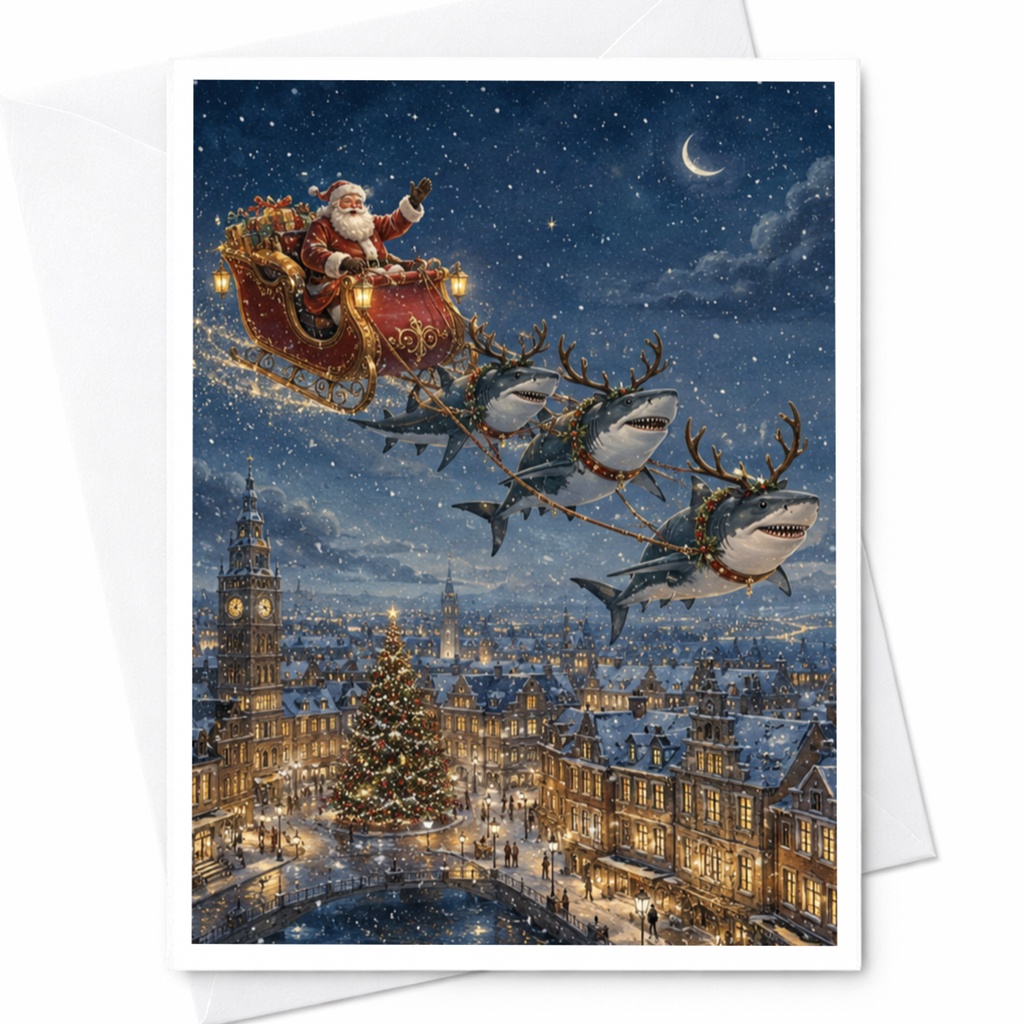 Santa Claus Shark Sleigh Funny Christmas Card Unique Holiday Greeting Card For Family Friends Festive Winter Scene C5250
