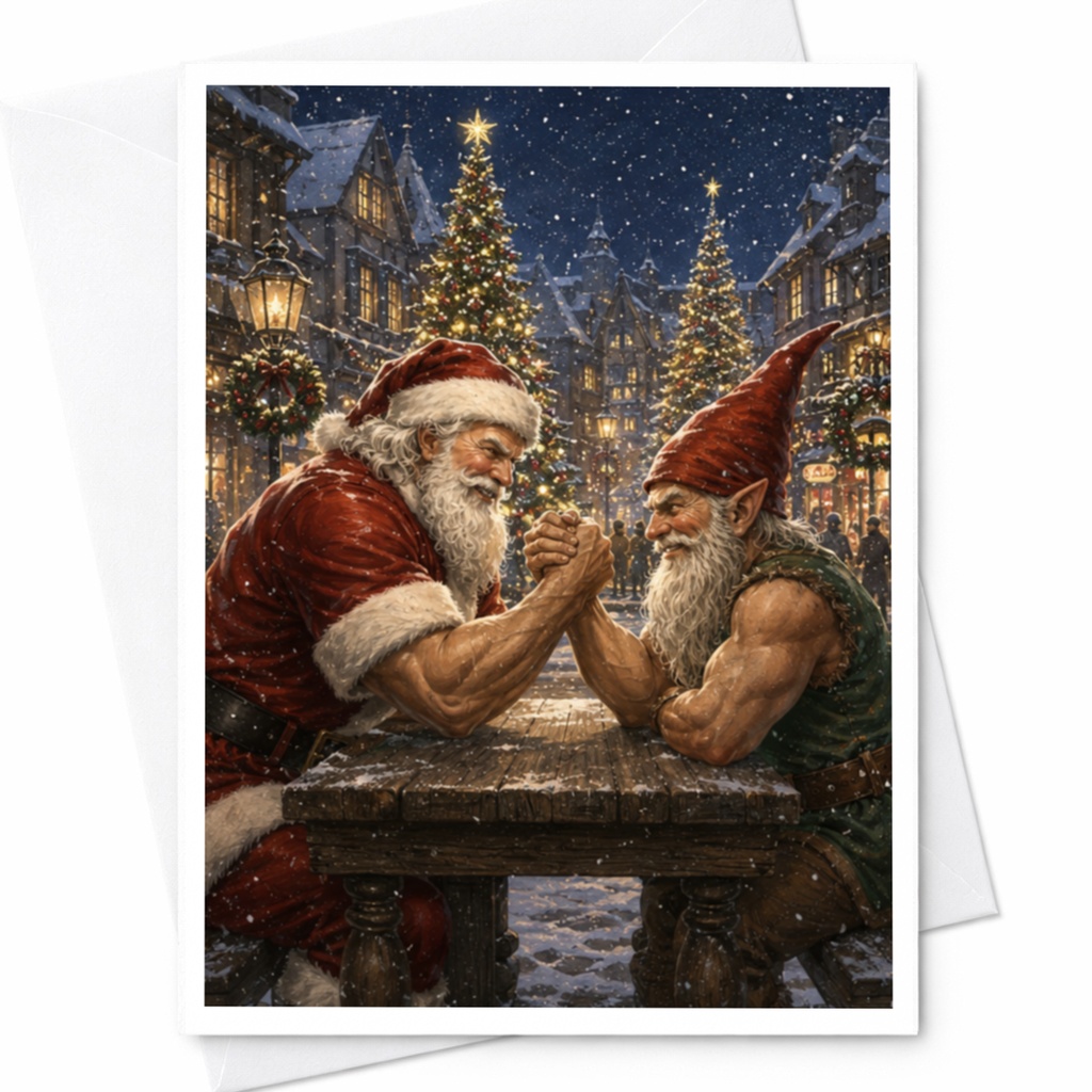 Santa And Elf Arm Wrestling Christmas Card Funny Holiday Greeting Card Festive Winter Scene For Him Cute Xmas Card C5252