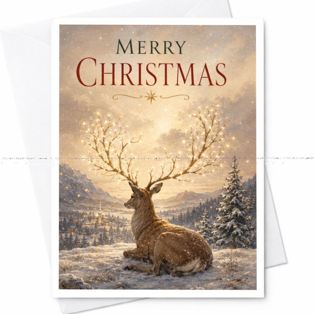 Merry Christmas Card Deer With Antlers Snowy Landscape Holiday Greeting Card Winter Scene For Nature Lover C5253