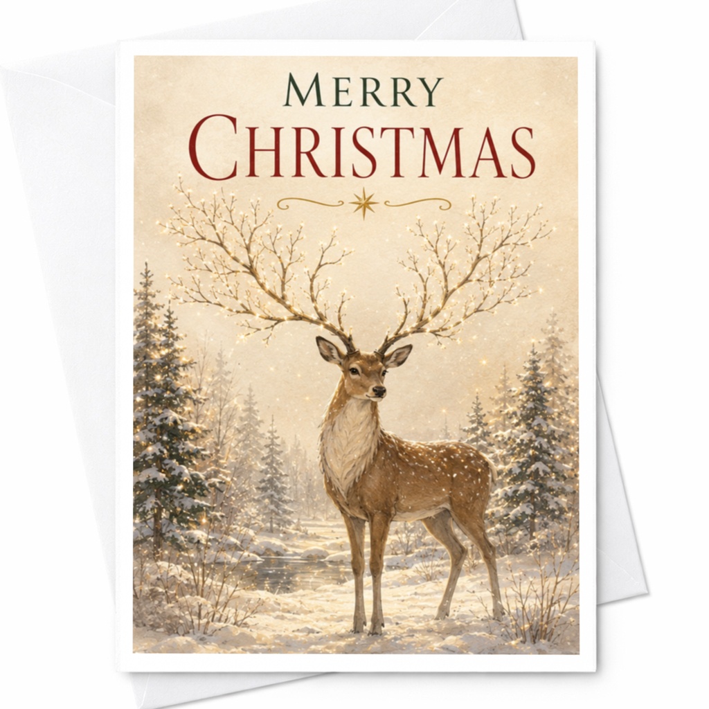 Merry Christmas Card Deer In Snowy Forest Holiday Greeting Card Winter Scene For Boss Office Corporate Gift C5254