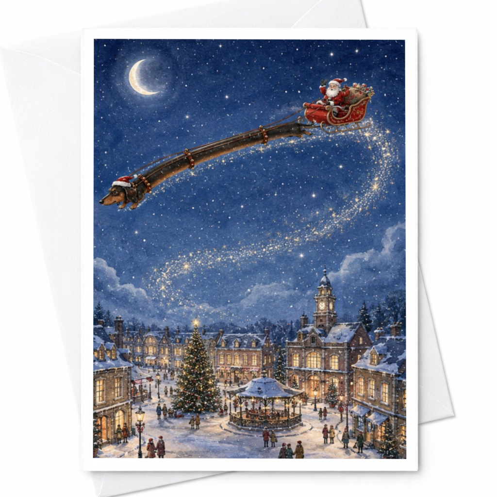 Santa Flying Over Town Christmas Card Cute Dachshund Sleigh Holiday Greeting Card Festive Winter Scene For Dog Lovers C5263