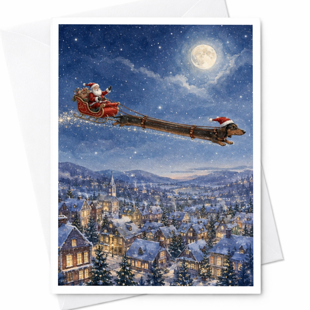 Santa Flying Dog Sleigh Christmas Card Festive Holiday Greeting Card Cute Winter Scene For Dog Lover Magical Night Sky C5264