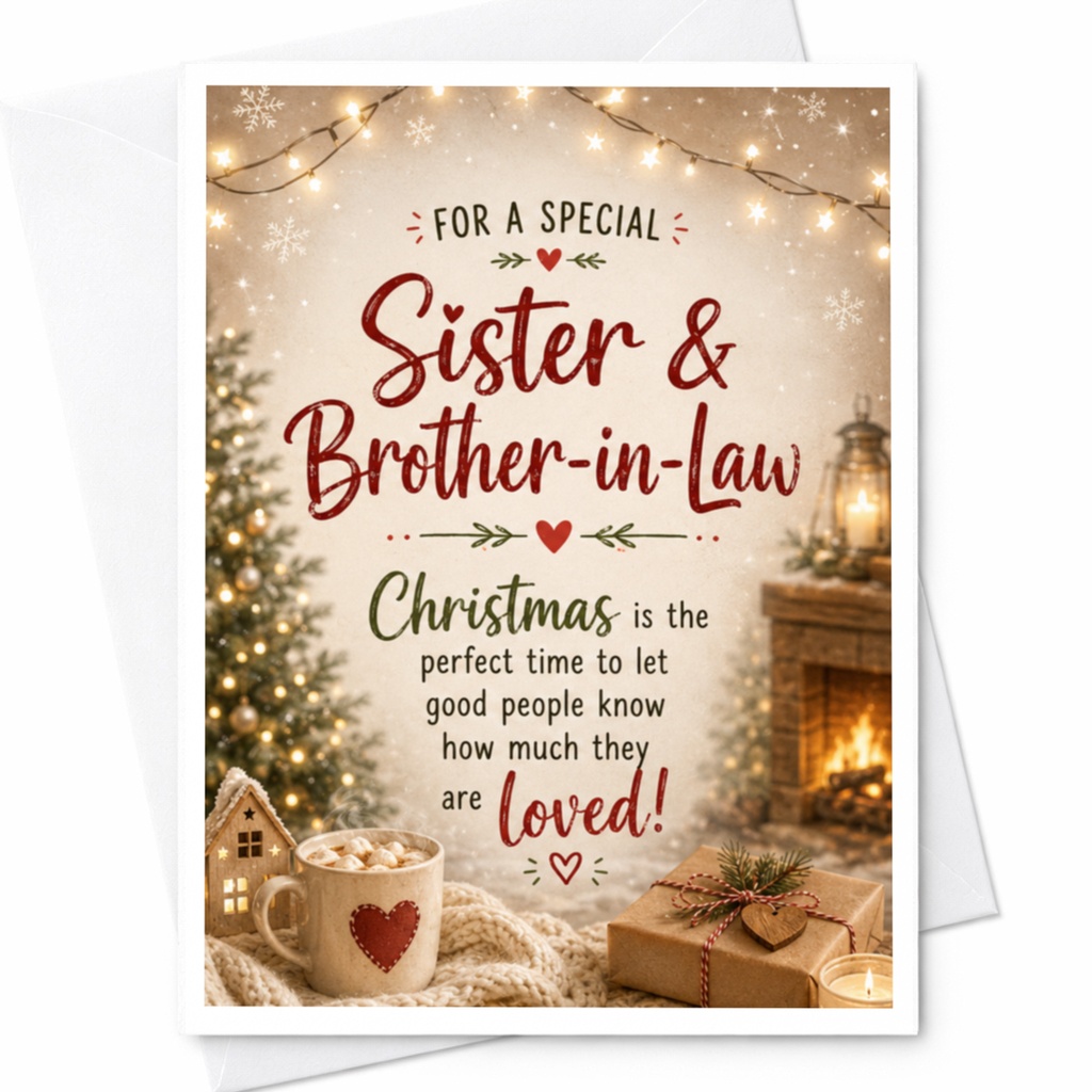 For A Special Sister & Brother-In-Law Christmas Card Festive Holiday Greeting Card Cozy Winter Scene With Tree And Gifts C5267